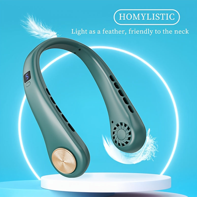 White and Gold Portable USB Rechargeable Neck Fan with Digital Display, 5-Speed