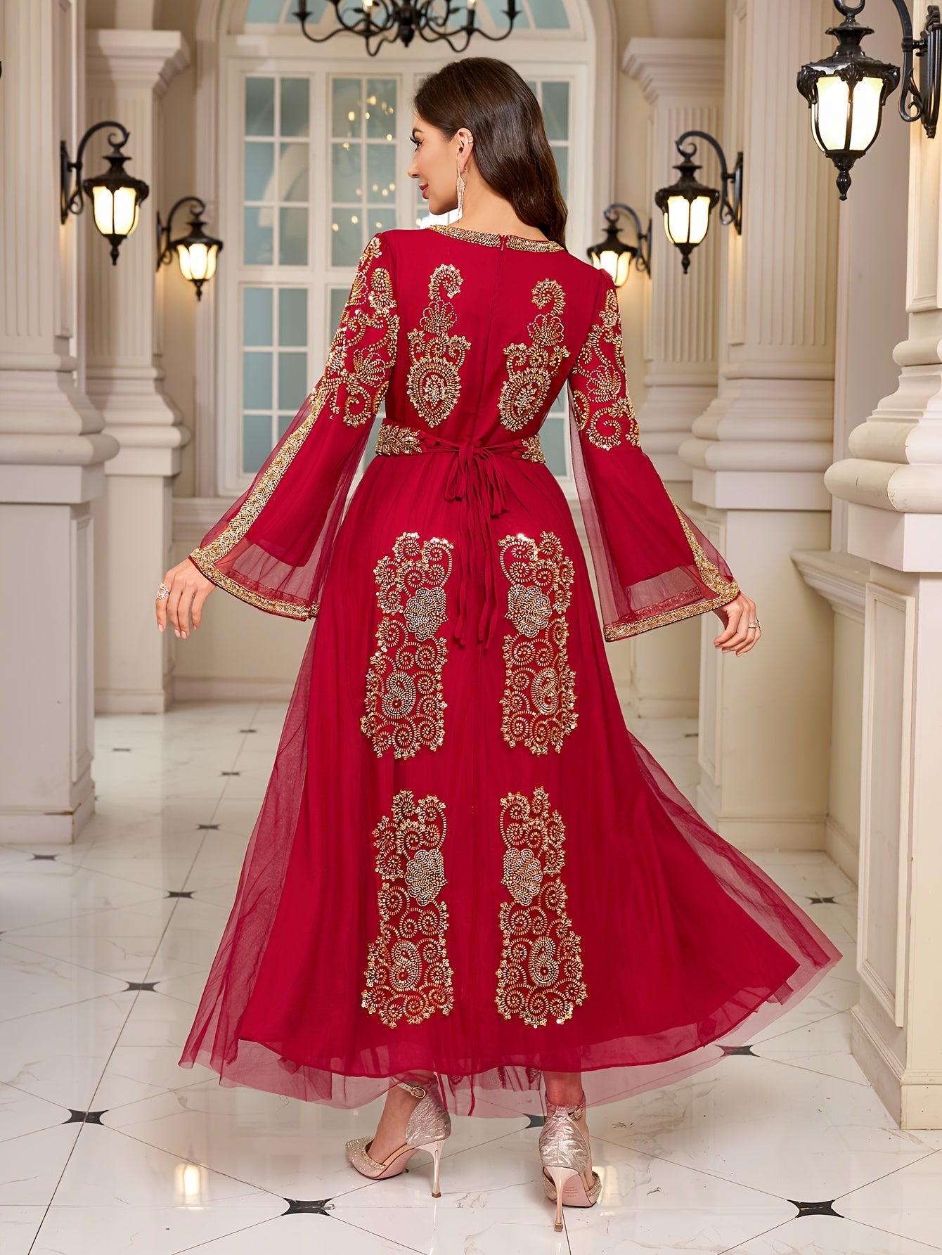 Women's Embroidered Beaded Gown Long Sleeve Formal Dress for Weddings