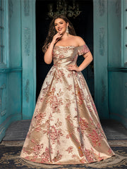 Plus Size Off-Shoulder Formal Evening Gown Floral Print Mermaid Bridal Dress