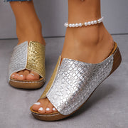 Women's Crocodile Pattern Wedge Slide Sandals Open Toe Slip-On Mid Heel