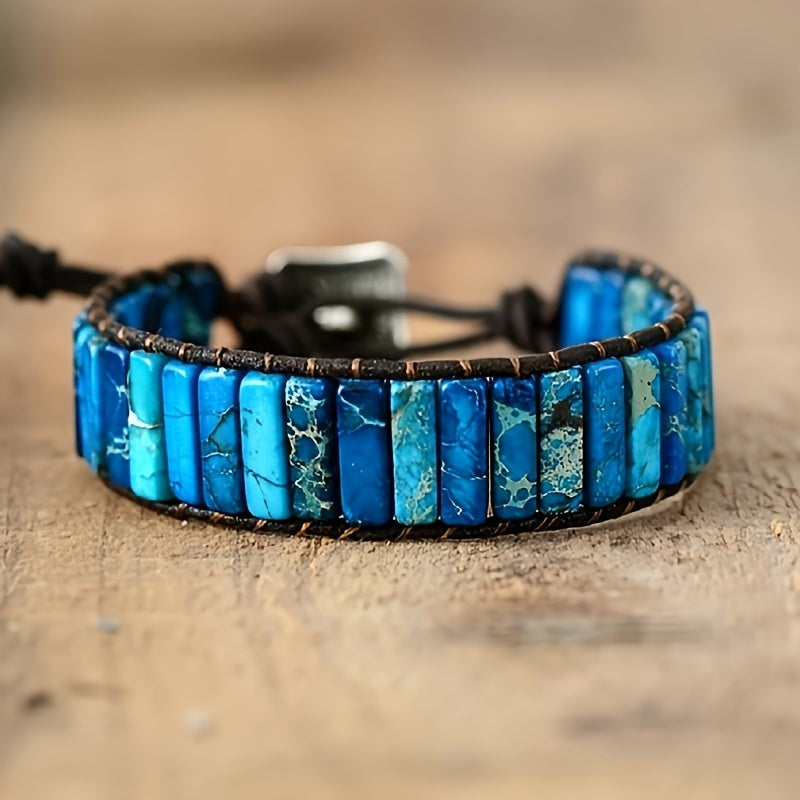 Boho Beaded Leather Wrap Bracelet with Multicolor Gemstones for Women