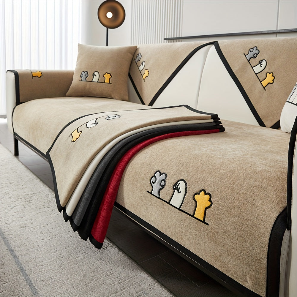 Красный чехол для дивана из шенилла с игривой вышивкой в виде косточек. Удобен для домашних животных, не скользит, можно стирать в машине, идеально подходит для диванов на 1-4 места в гостиной, спальне, офисе.