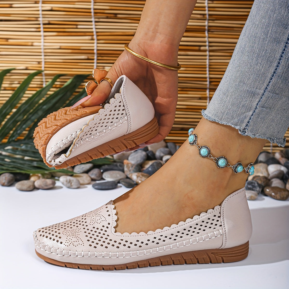 Women's Perforated Synthetic Loafers Slip-On Flats Beige White Cushioned