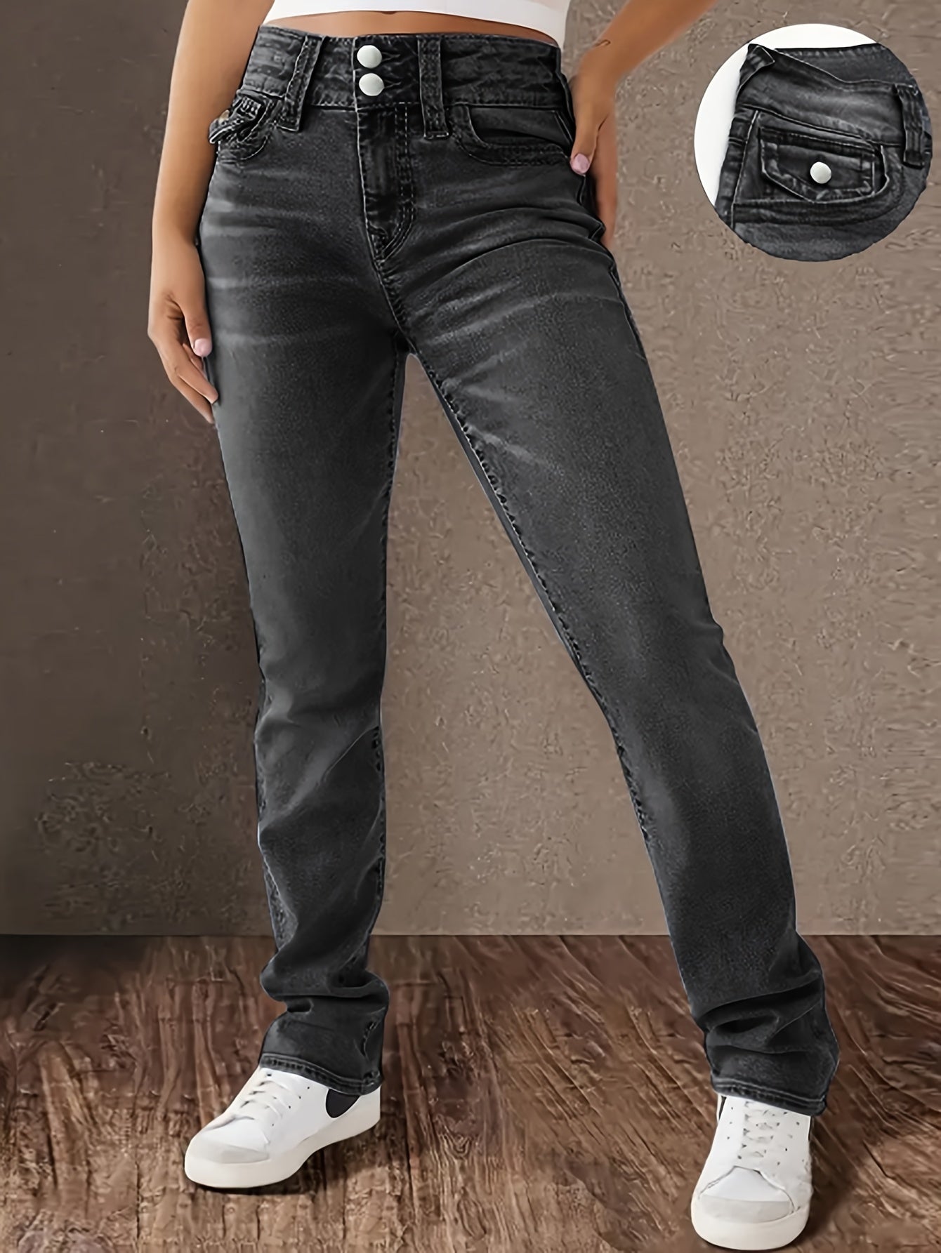 Plus Size Women's High-Waisted Stretch Straight Leg Jeans Denim Pants Pockets Durable Fabric