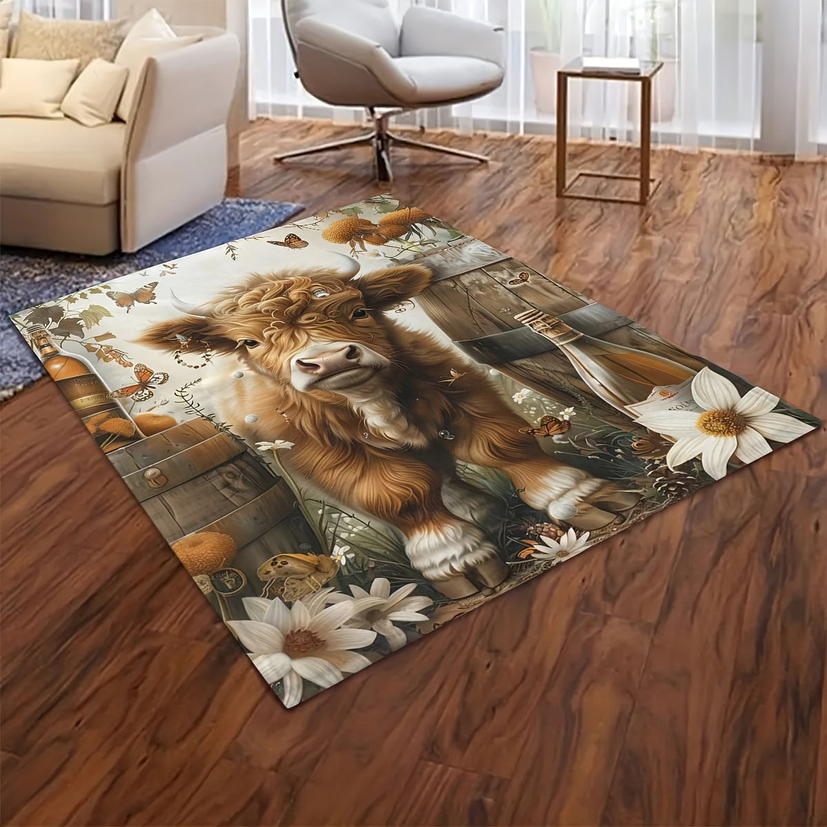 Плед с принтом высокландской коровы и винного бочки в современном стиле - универсальный, уютный и долговечный на любое время года