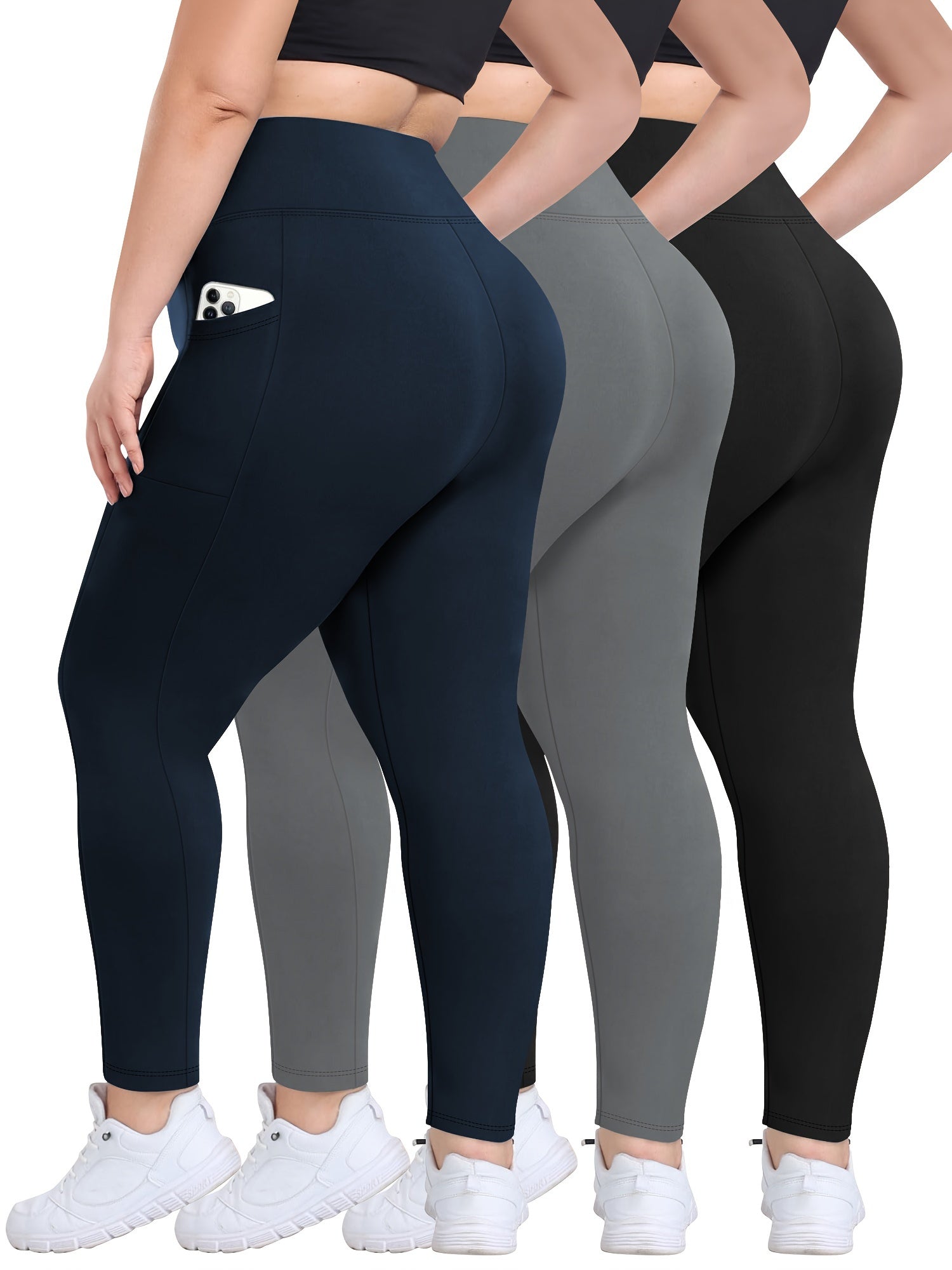 Women's High-Waisted 7/8 Leggings Pack Yoga Pants with Pockets Black Gray Navy