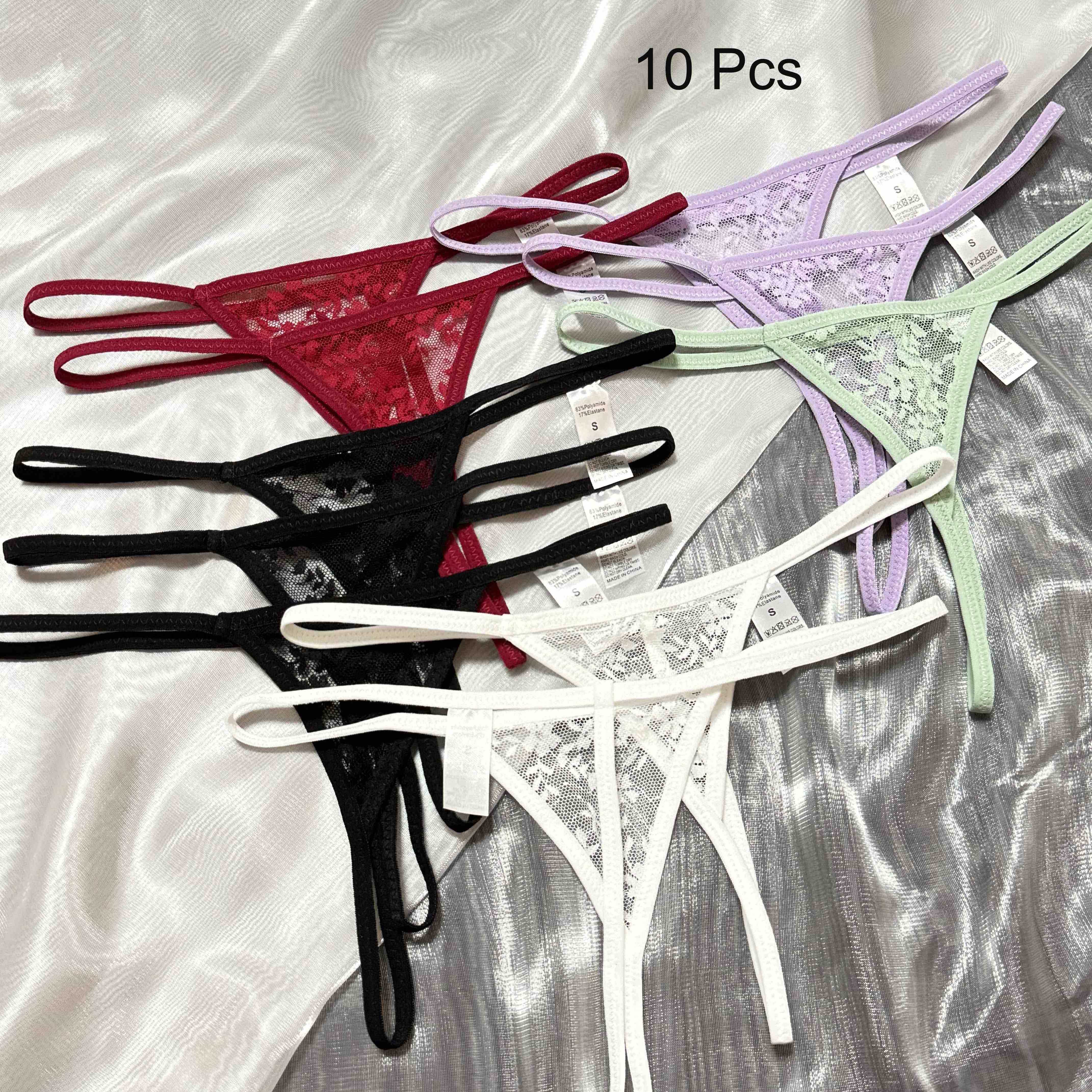 10-Pack Women's Lace Thong Panties Low-Rise Polyamide Transparent Triangle Solid Color