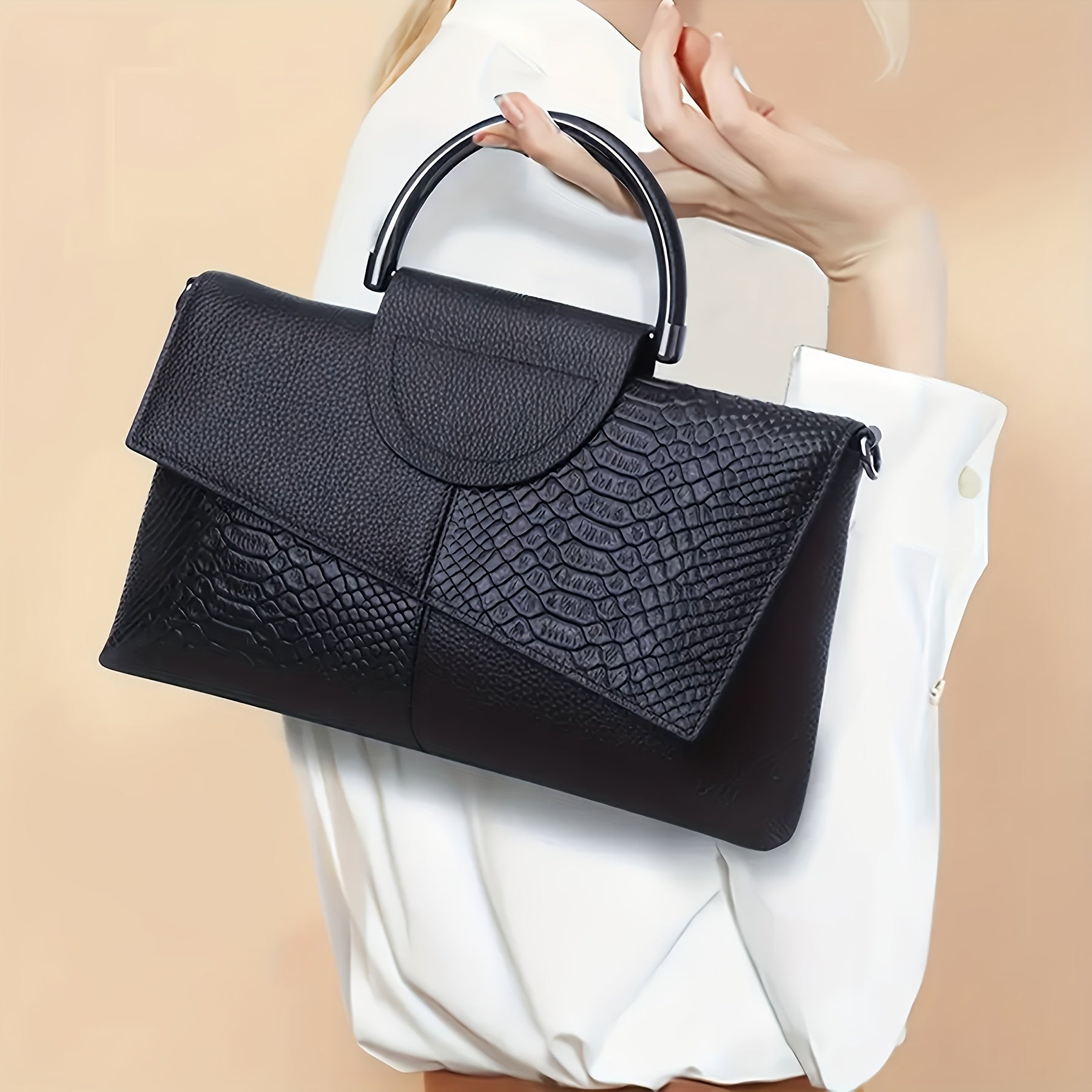 Crocodile Pattern Faux Leather Handbag for Work and Shopping Black