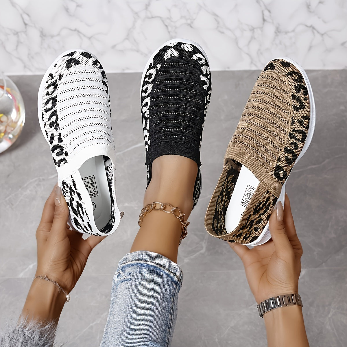 Women's Leopard Print Slip-On Mary Jane Sneakers Breathable EVA Cushioned Sole