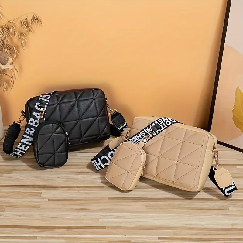 Set of 2 Quilted Crossbody Bags with Mini Coin Purse for Women in Black White Khaki