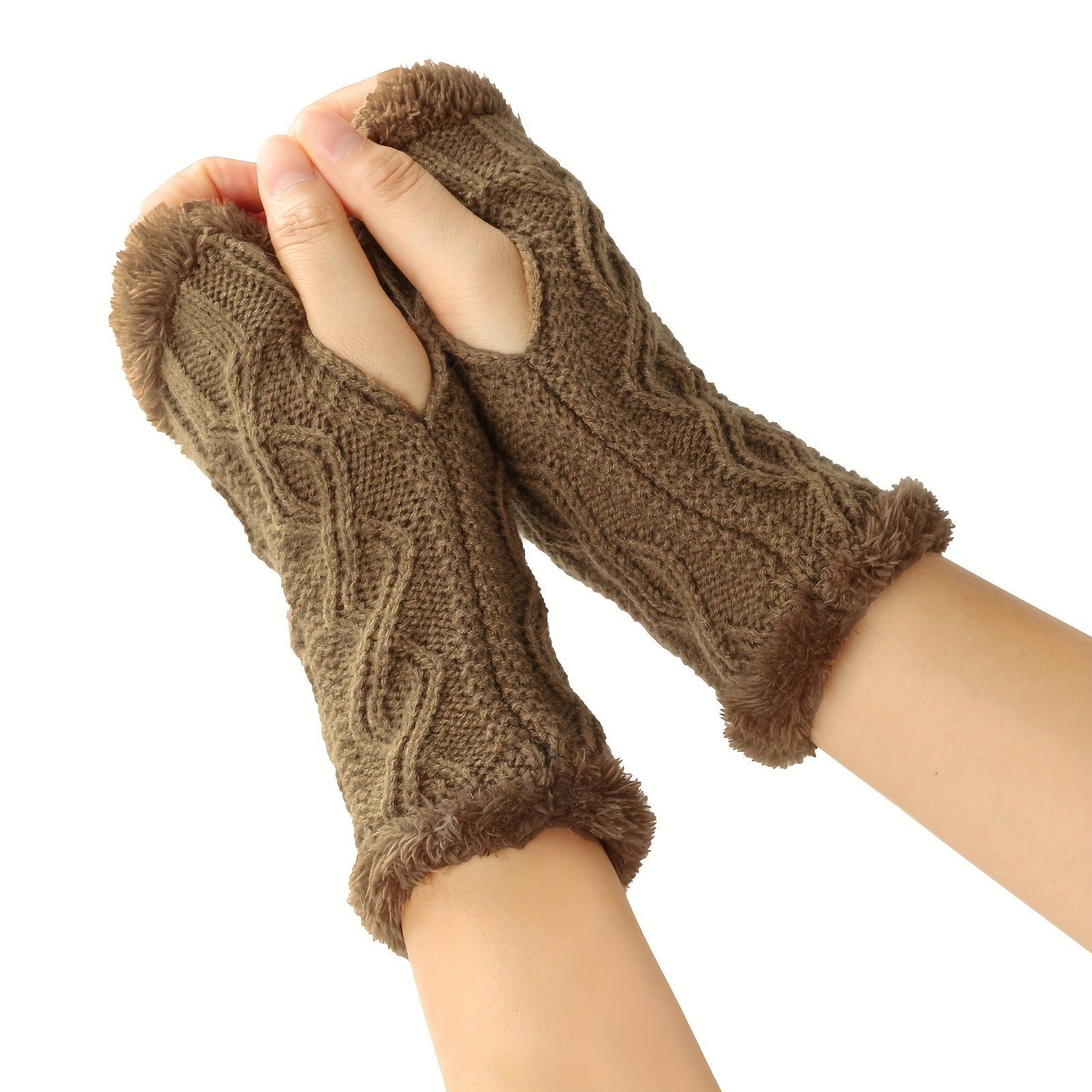 Solid Color Twist Knit Fingerless Gloves with Velvet Lining for Winter Warmth