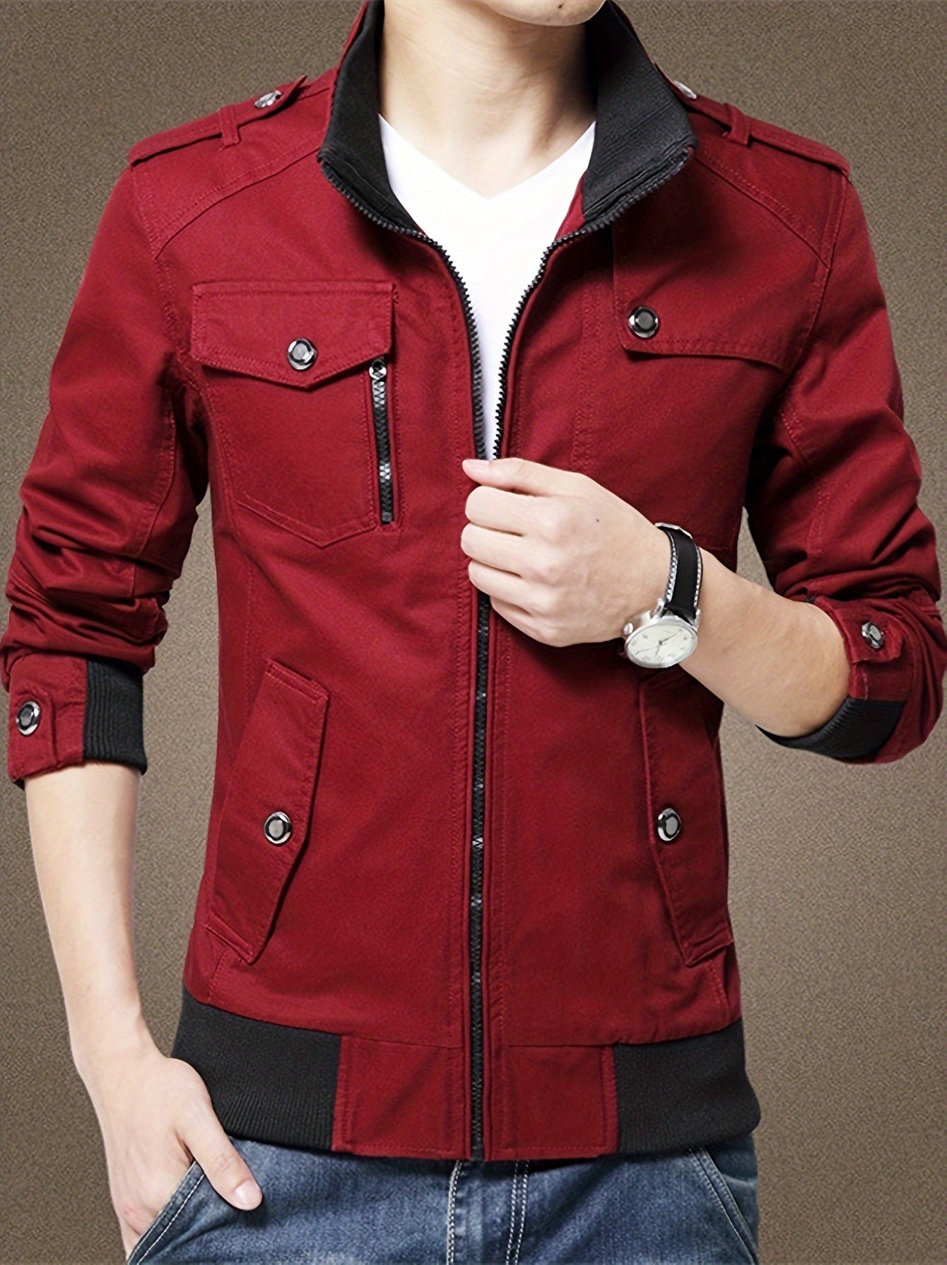 Erkaklar uchun ko'p cho'ntakli bej rangli yukka palto, kuz/qish mavsumi uchun, zamonaviy va amaliy ochiq havoda kiyish uchun.