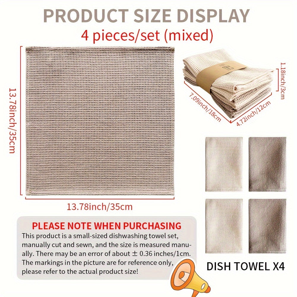 Set of 4 Waffle Textured Cotton Dish Towels with Hanging Loop 13.78x13.78 Inches