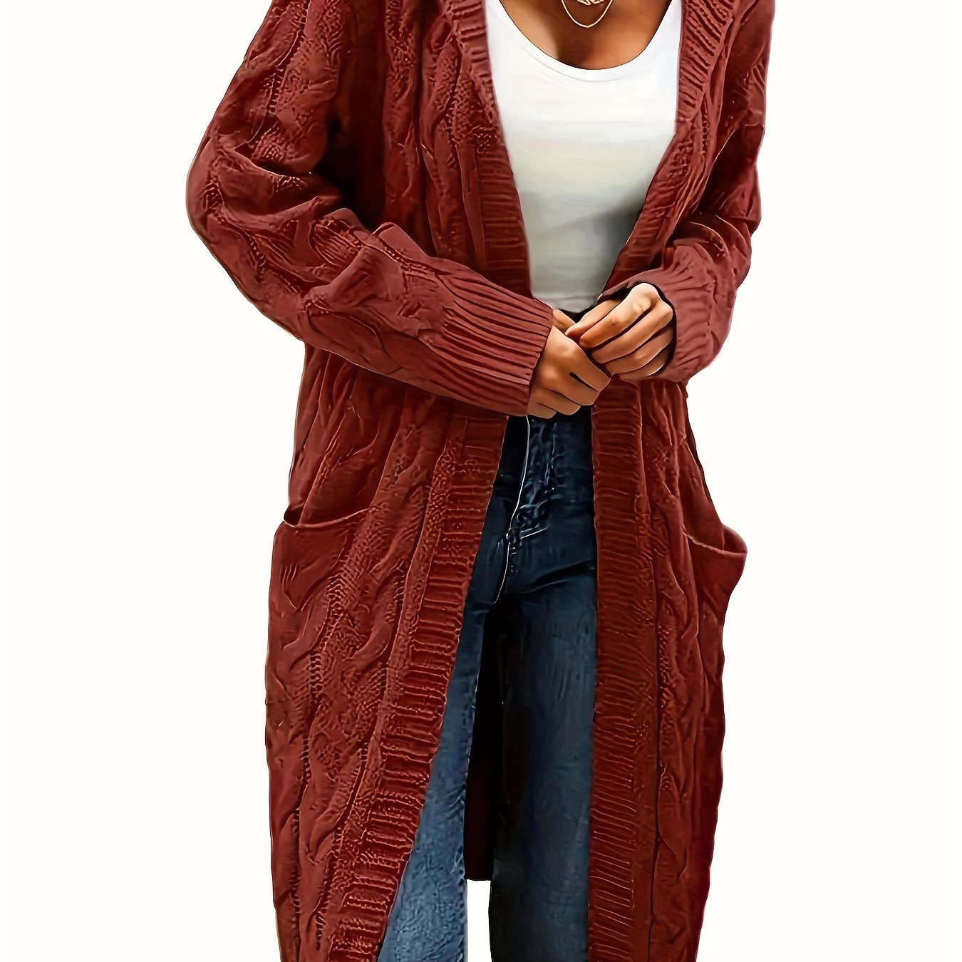 Women's Cable Knit Hooded Cardigan with Pockets Acrylic Fall Winter Layering