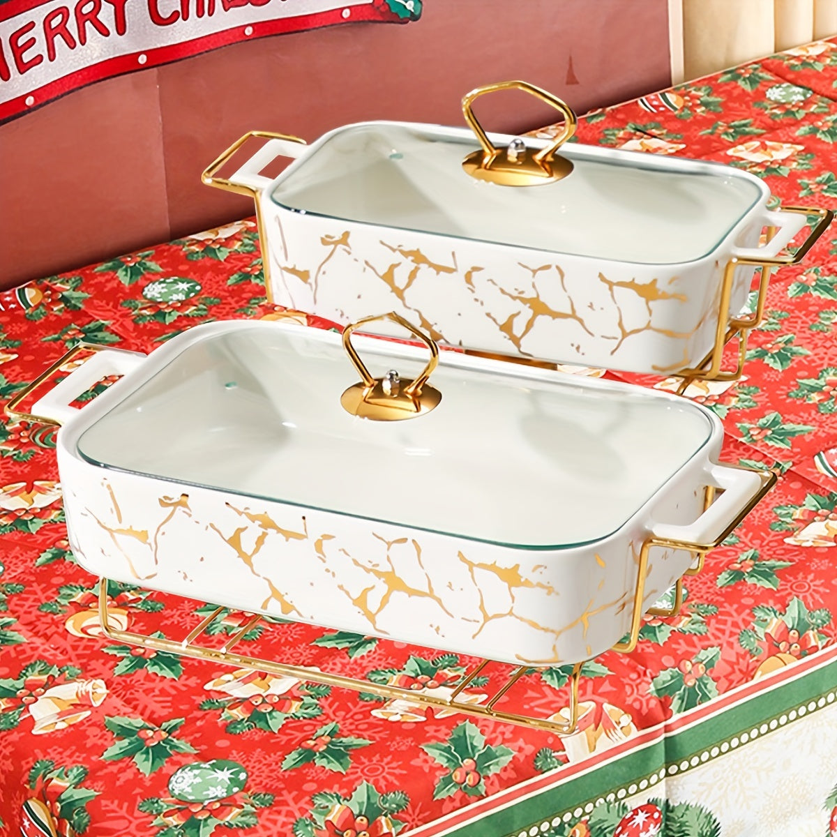Festive Ceramic Dinnerware Set for Christmas with Soup and Griddle Pots Serving Plates