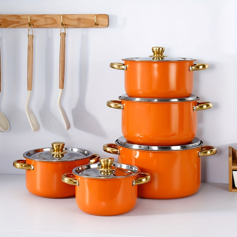 Set of 5 Orange Stainless Steel Cookware Pots with Lids for All Stovetops