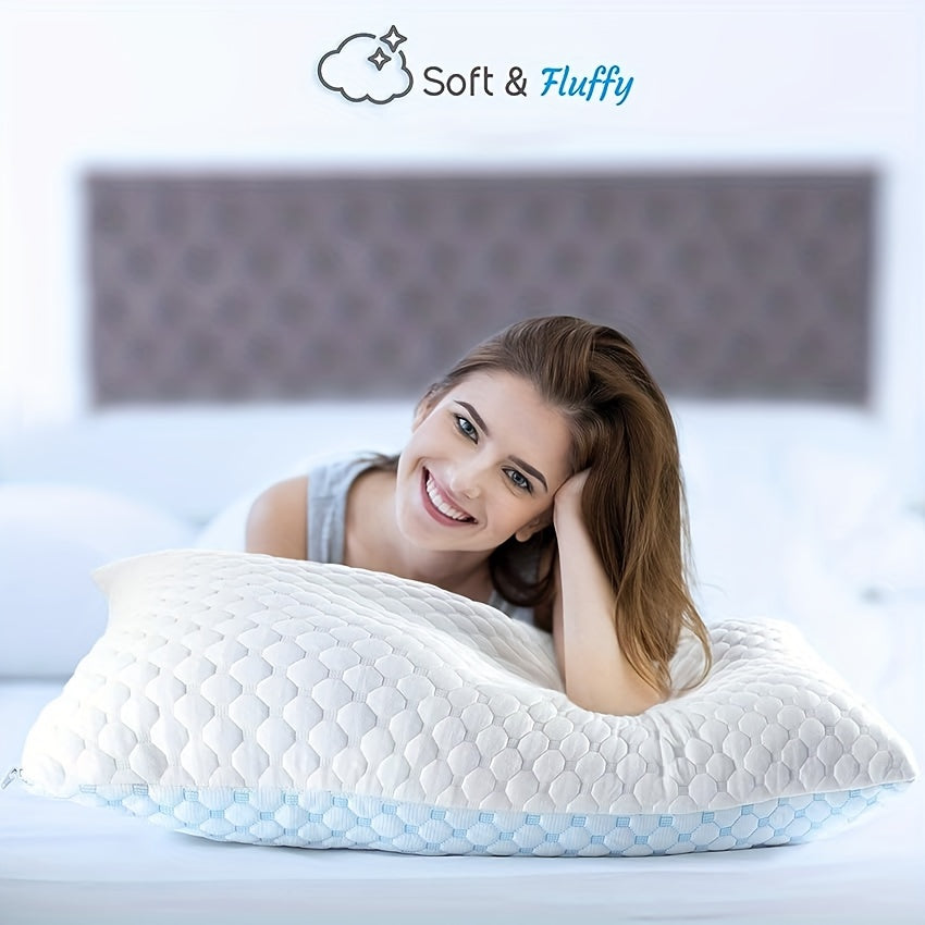 Memory Foam Pillow with Ice Silk Bamboo Cover Adjustable Cooling Washable Quilted Blue White