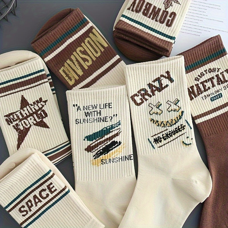Men's Vintage American Style Cotton Blend Knit Socks 5-Pack with Letter Pattern