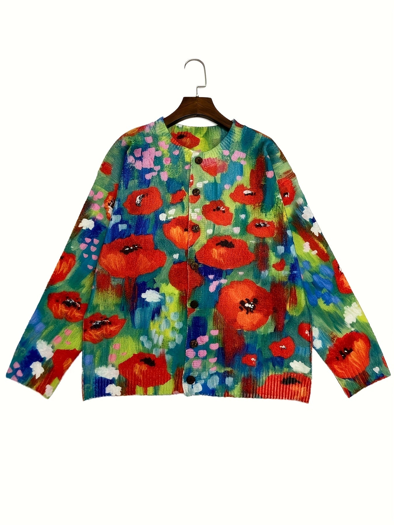 Women’s Plus Size Floral Print Cardigan Long Sleeve Red Poppy Winter Wear