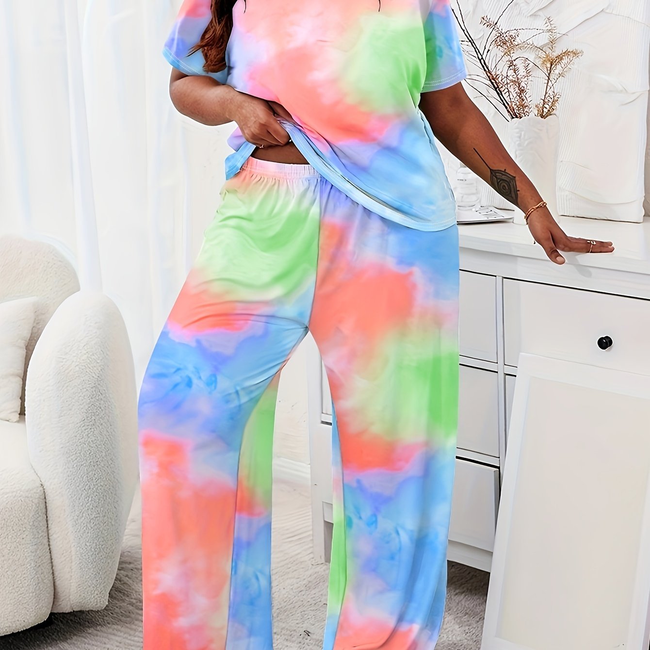 Adult Tie Dye Short Sleeve T Shirt and Pants Loungewear Set Polyester Casual Spring Fall