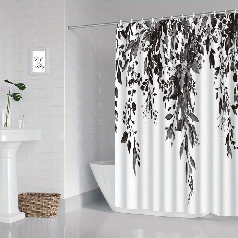 Black and White Floral Shower Curtain Waterproof Fabric Bathroom Decor Window Treatment
