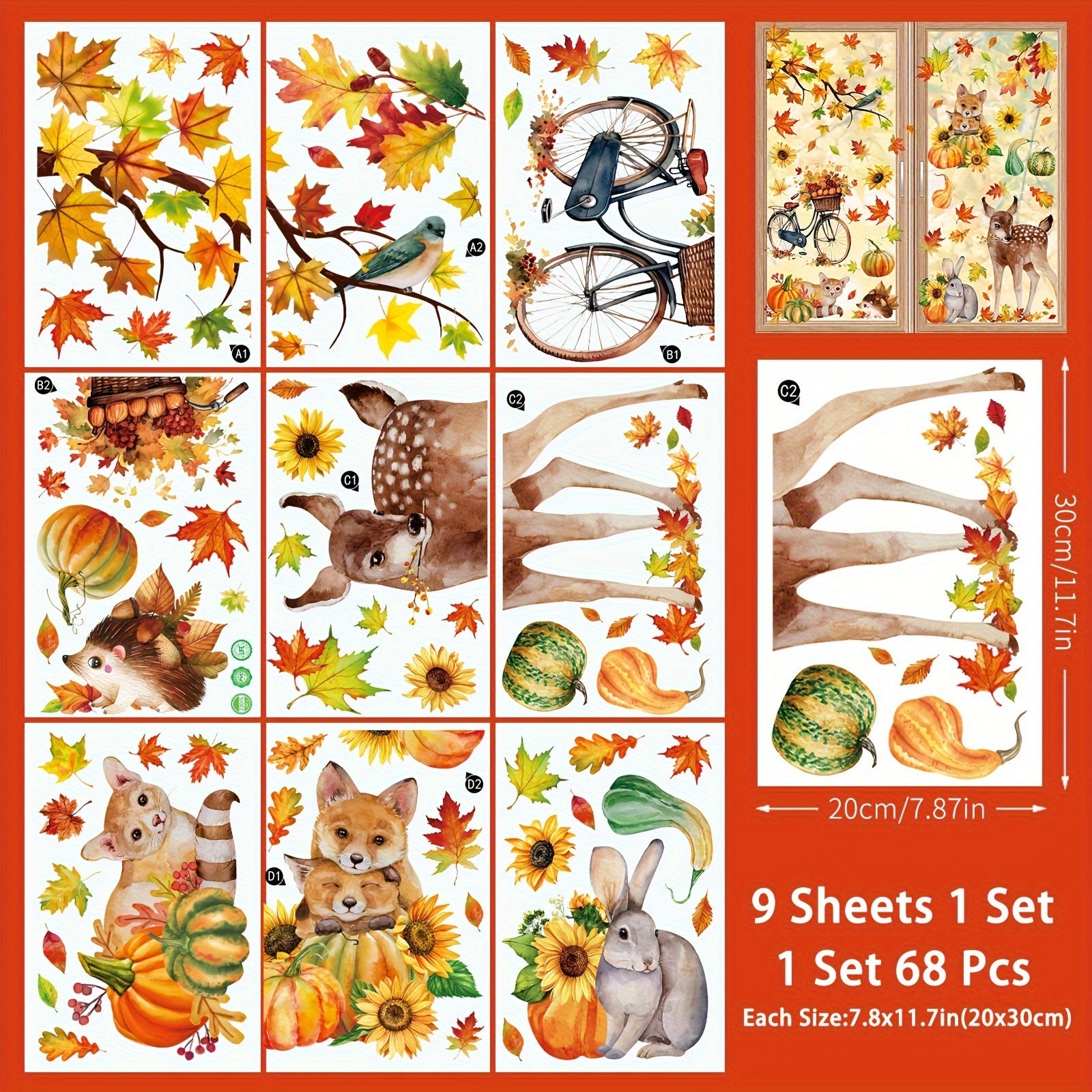Gran conjunto de calcomanías para ventanas de otoño de 68 piezas con animales, calabazas y hojas de arce para la decoración de Acción de Gracias