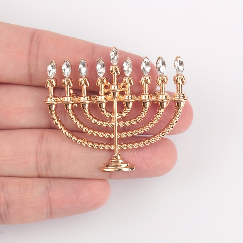 Gold-Tone Hanukkah Menorah Brooch with Rhinestones Alloy Jewelry