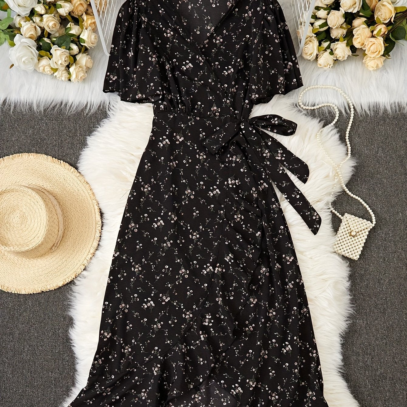 Floral Print Surplice Neck Dress with Tie Waist Ruffle Hem for Women