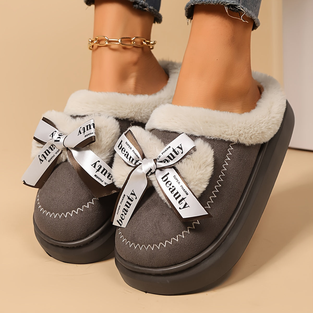Women’s Plush Winter Slippers with Bowknot Non-Slip Sole for Indoor Outdoor
