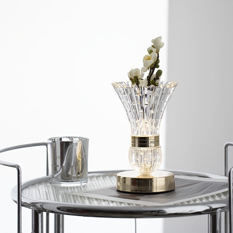 Rechargeable Crystal Vase Table Lamp with Feather Ball Design for Bedroom
