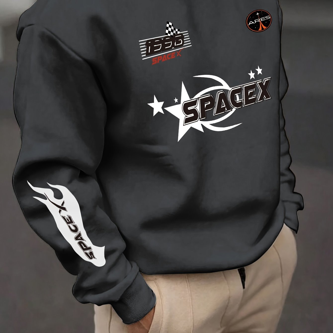 Men's Large Flame Tail Print Sports Hoodie with Long Sleeves and Crew Neck