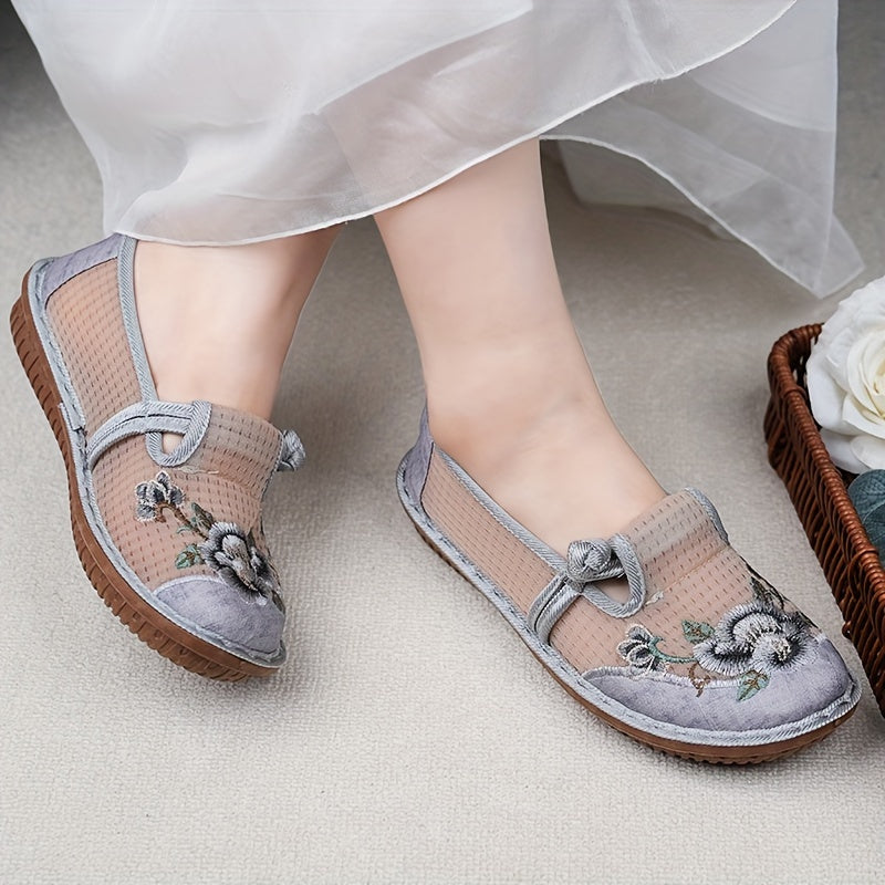 Women's Flat Shoes with Flower Pattern Ethnic Style Breathable Mesh Slip-On Casual Summer