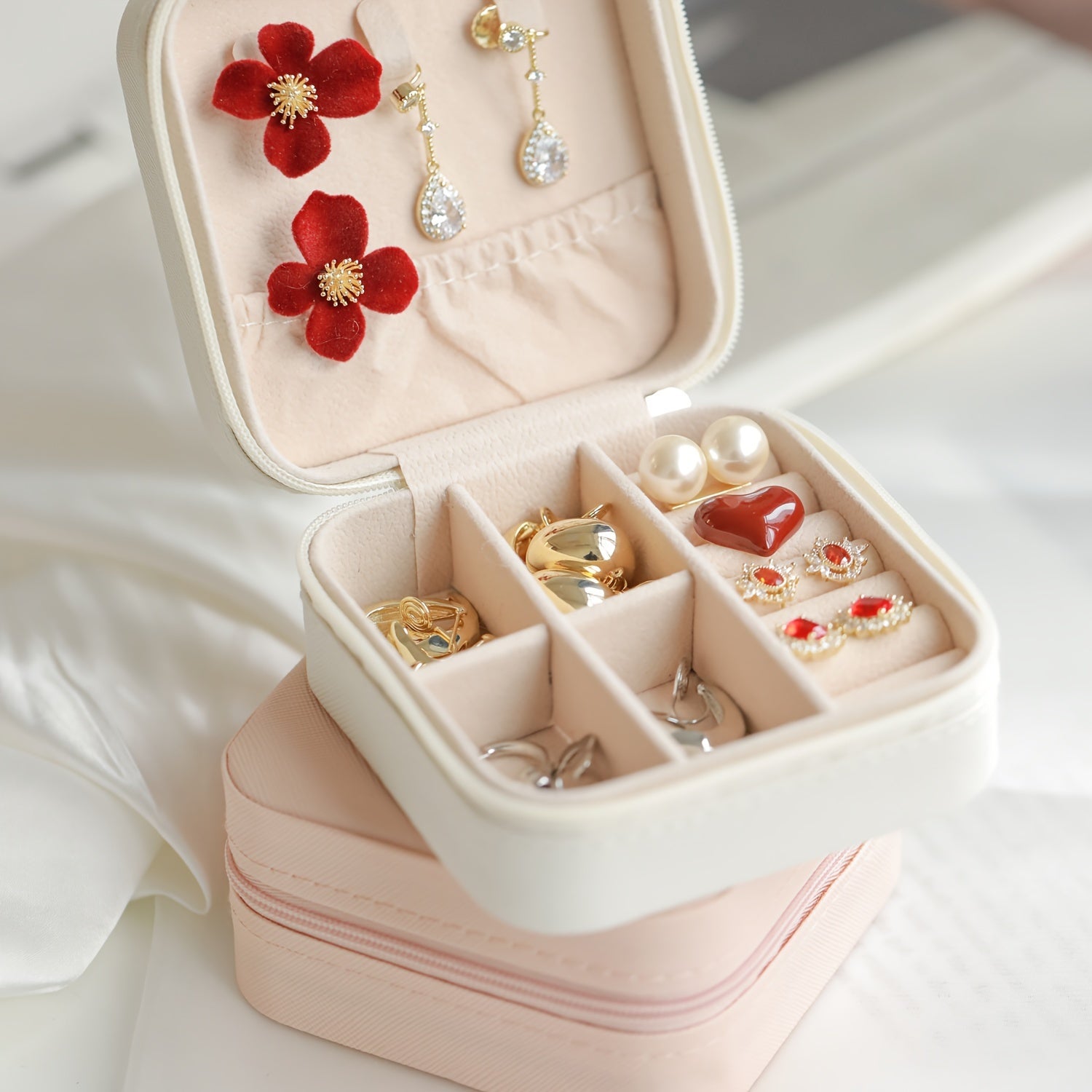 Mini caja organizadora de joyas con cremallera para almacenamiento de viajes de pendientes y collares