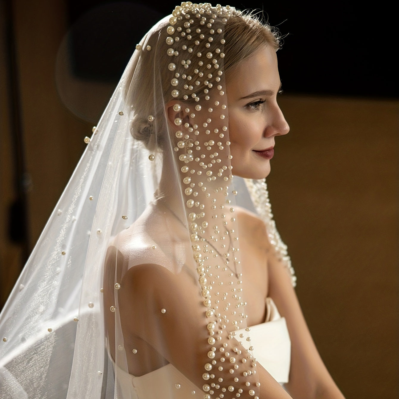 Princess Cathedral Wedding Veil with Faux Pearl Bridal Head Jewelry