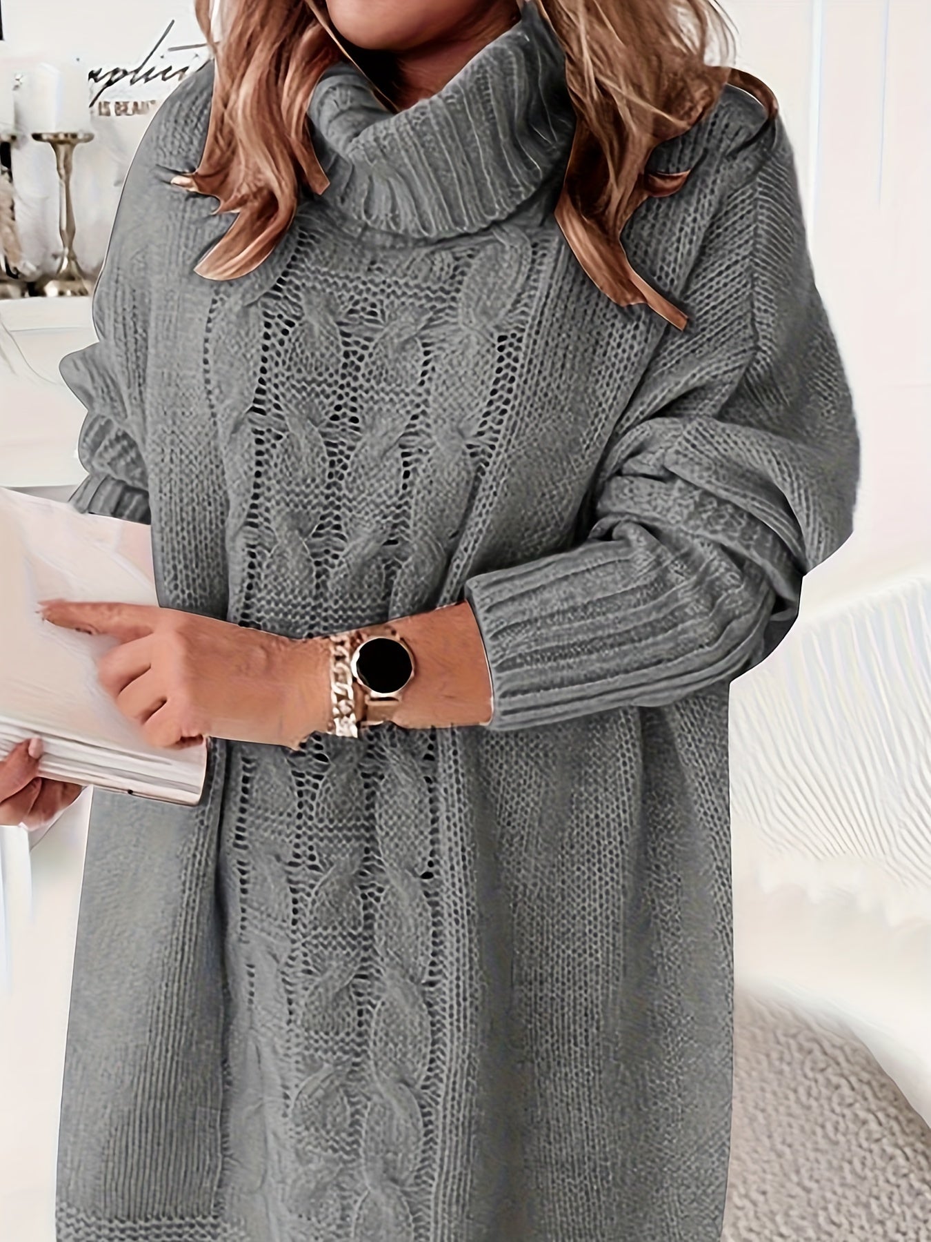 Plus Size Women's Turtleneck Sweater Long Cable Knit Fall Winter Casual and Office Wear