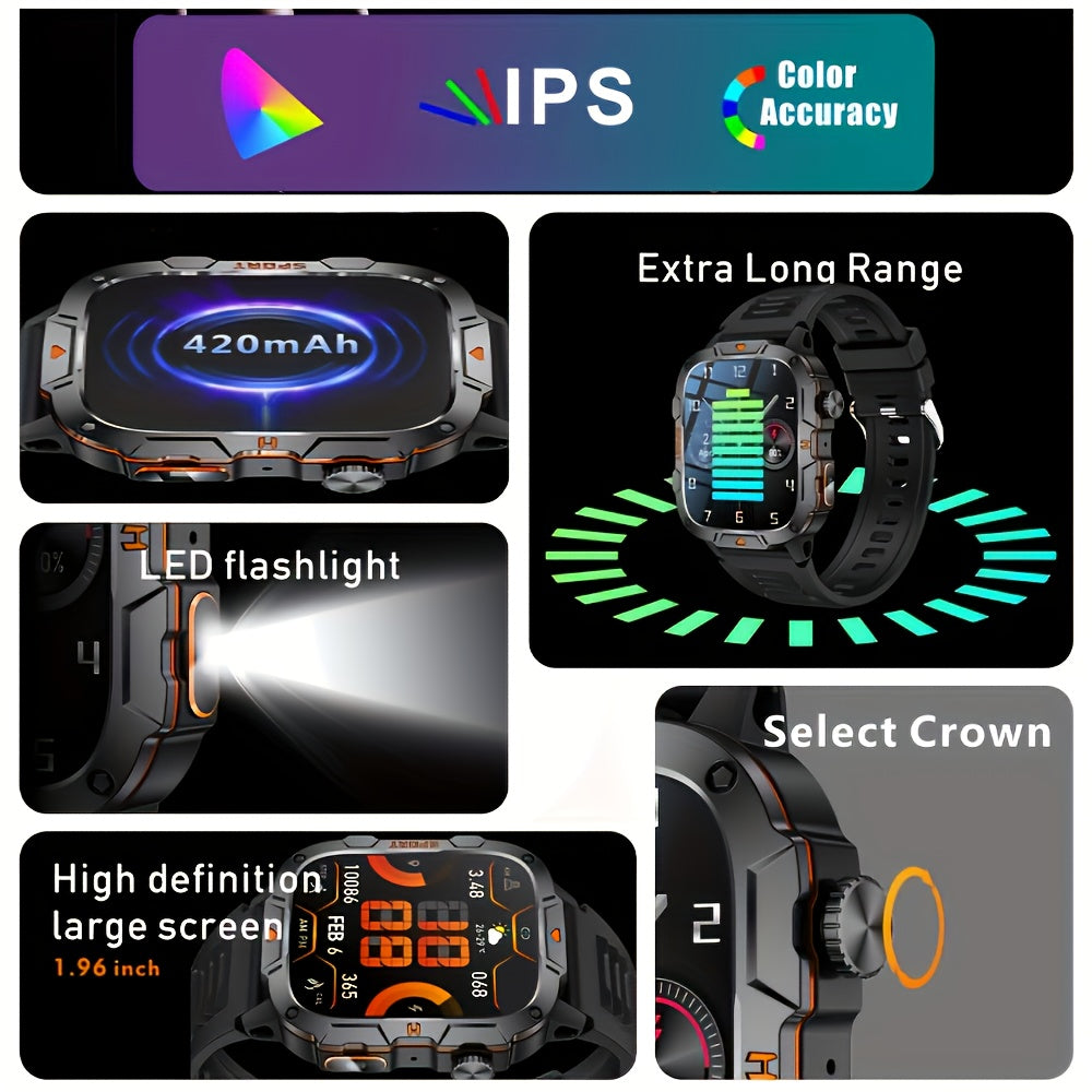 Men's Smart Watch 1.96 Inch HD Screen Waterproof IP68 Fitness Tracker with Wireless Calling and Long Battery