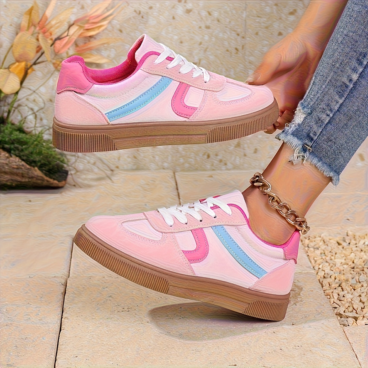 Ayollar uchun nafas oluvchi pastki sport poyabzali, shokni yutuvchi rezina taglik va pushti/ko'k aksentlar bilan