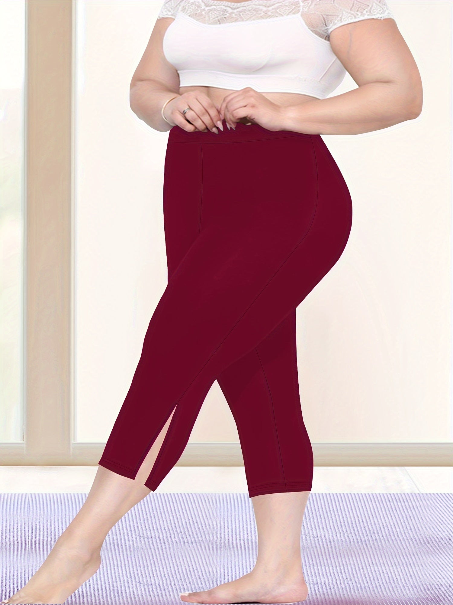 Plus Size High-Waist Knee Leggings with Side Slit Stretchy Polyester Blend