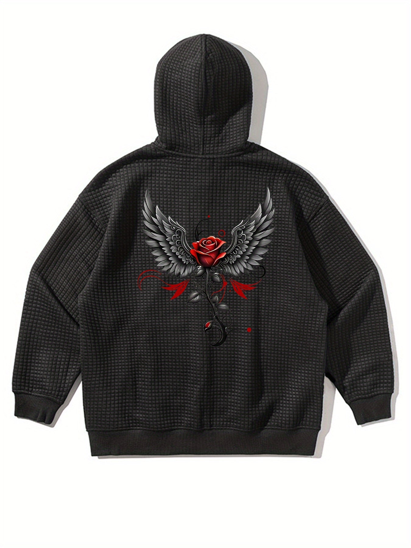 Chaqueta con capucha de punto waffle para mujer con estampado de rosa roja y alas, ligera y casual, estilo bomber