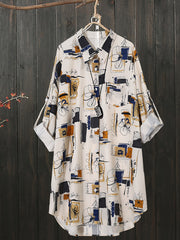 Plus Size Floral Print Long Sleeve Shirt Woven Fabric Asymmetrical Hem