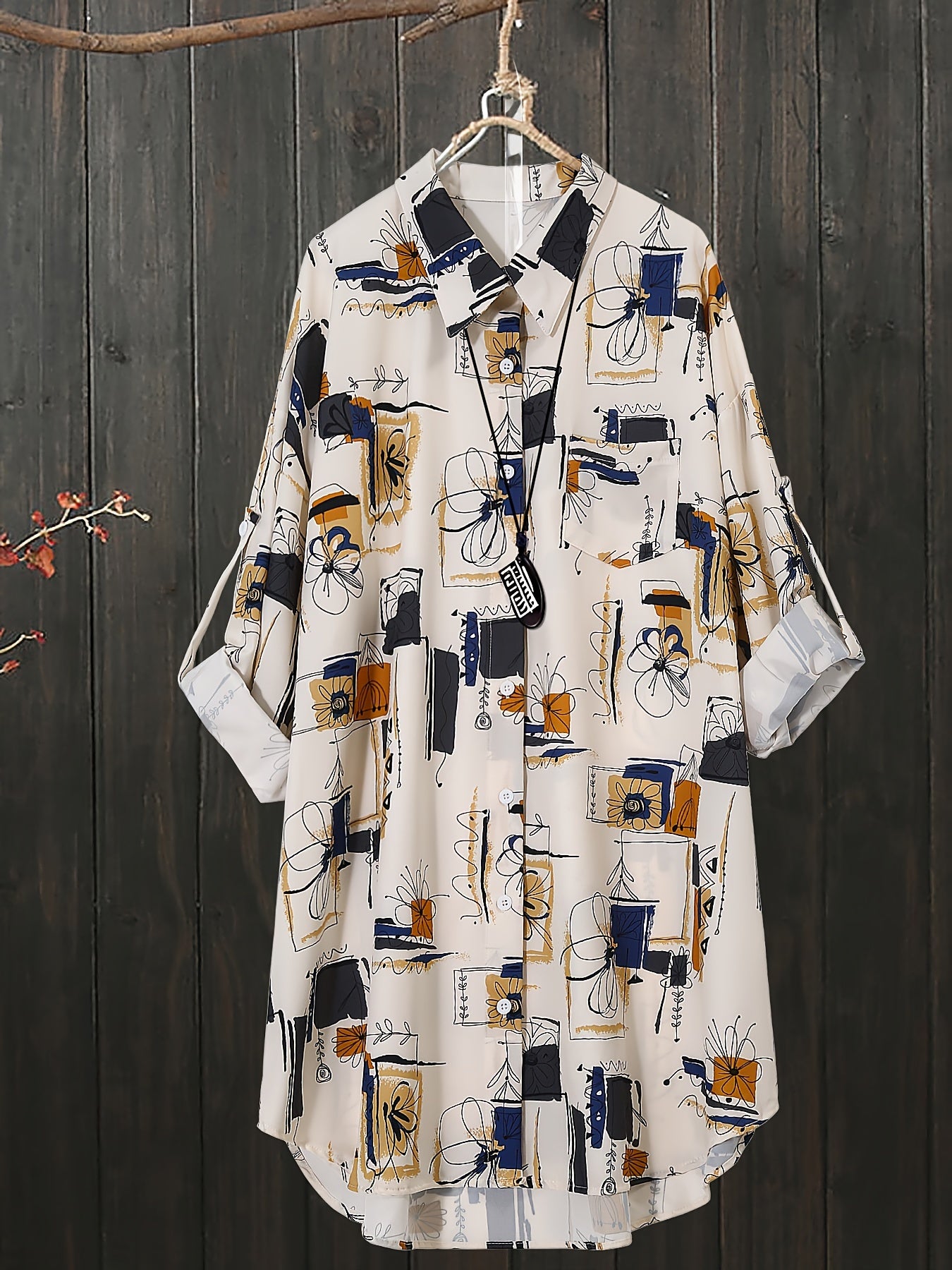 Plus Size Floral Print Long Sleeve Shirt Woven Fabric Asymmetrical Hem