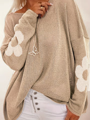 Suéter de punto floral de talla grande para mujer, suave y con estiramiento, top de manga larga