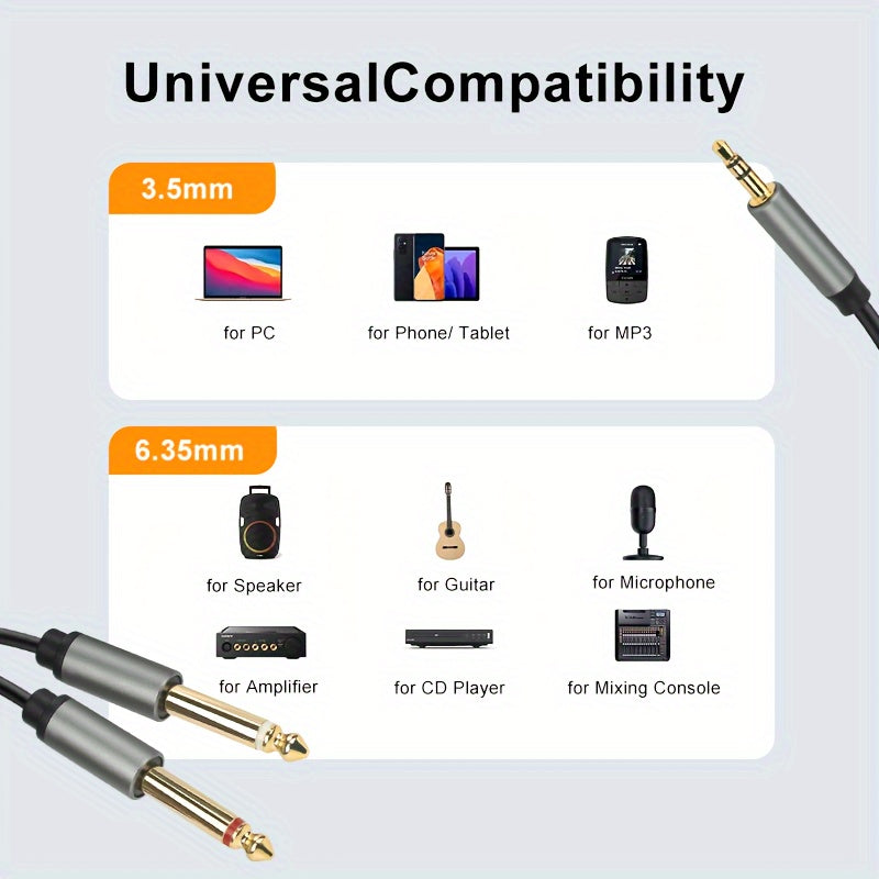 3.5mm to 6.35mm Audio Cable Male to Male High-Fidelity Sound for PC Phone Guitar Microphone Amplifier