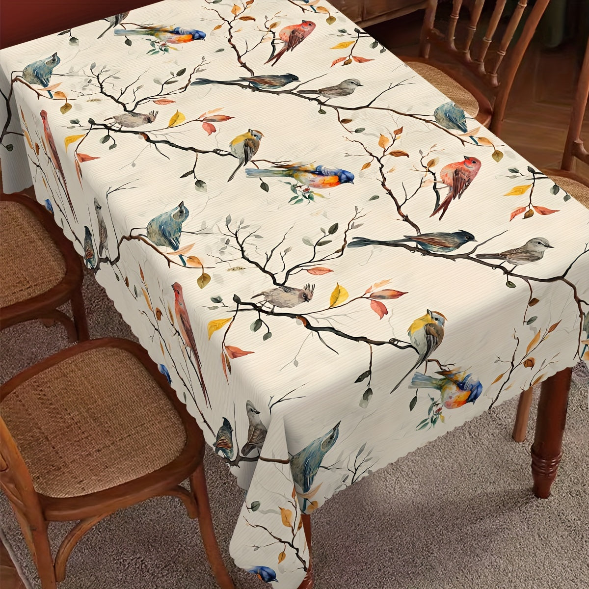 Floral and Bird Design Waterproof Polyester Tablecloth for Indoor and Outdoor Use