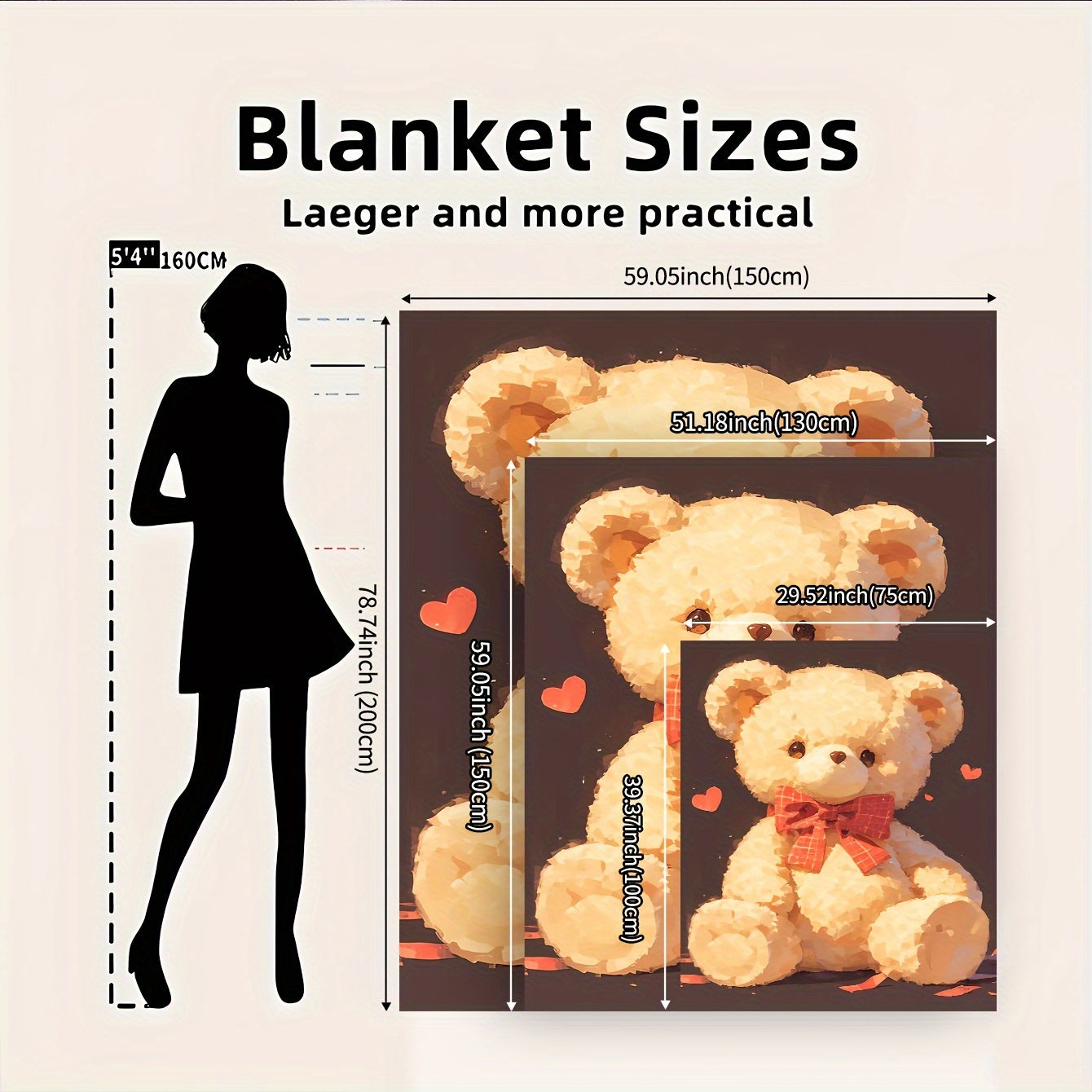 Digital Print Teddy Bear Flannel Throw Blanket Cozy All-Season Cover Brown Love Hearts