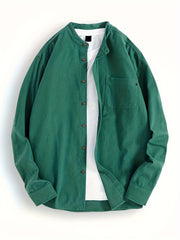 Мужская хлопковая повседневная рубашка с длинным рукавом, мандариновый воротник, однотонный цвет, классический крой для весны и осени