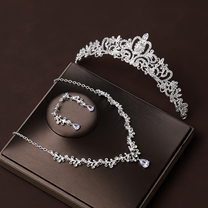 Rhinestone Jewelry Set Crown Tiara Necklace Earrings for Weddings and Gifts