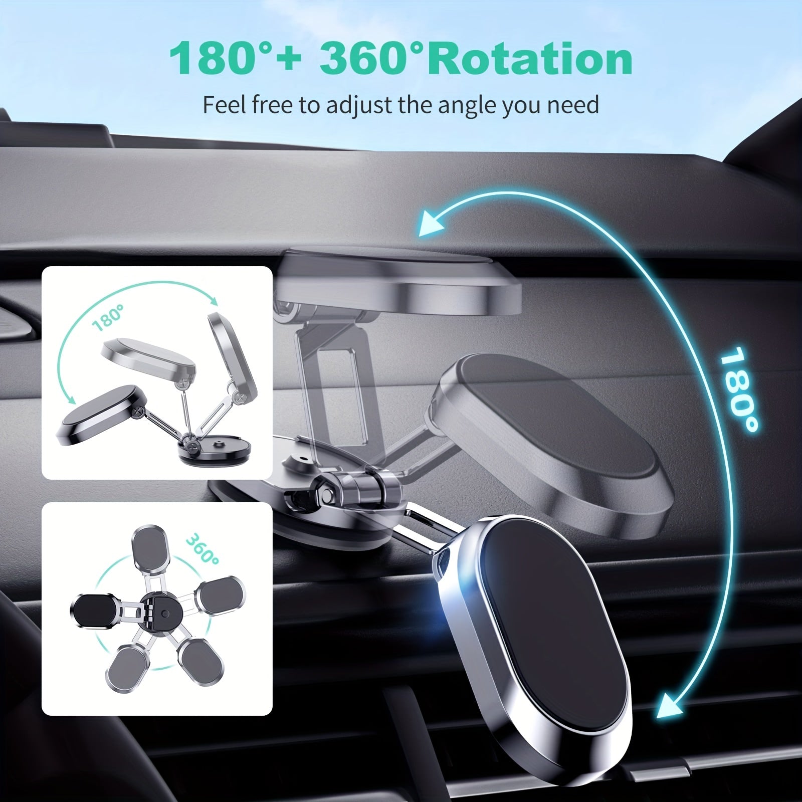 Universal Magnetic Car Phone Holder Alloy Folding 360° Adjustable Dashboard Mount