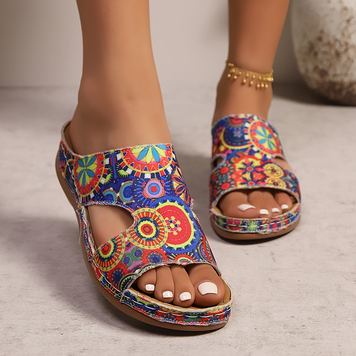 Women's Floral Print Slip-On Sandals - Lightweight, Breathable, Open Toe