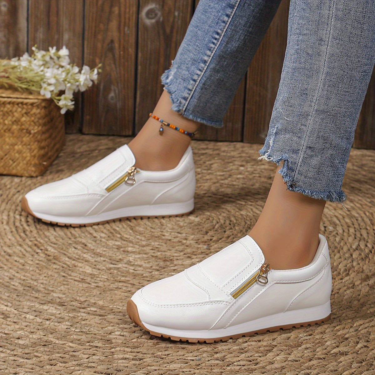 Women's White Slip-On Sneakers with Zipper, Breathable Low-Top Casual